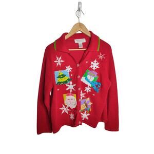 Vintage Tiara Int Christmas Cardigan L Ramie Cotton Beaded Collared